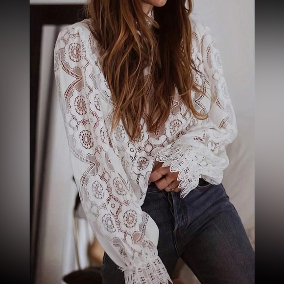 Boho Sheer Mesh Mock Neck Long Sleeve Top Blouse Shirt - Picture 2 of 4